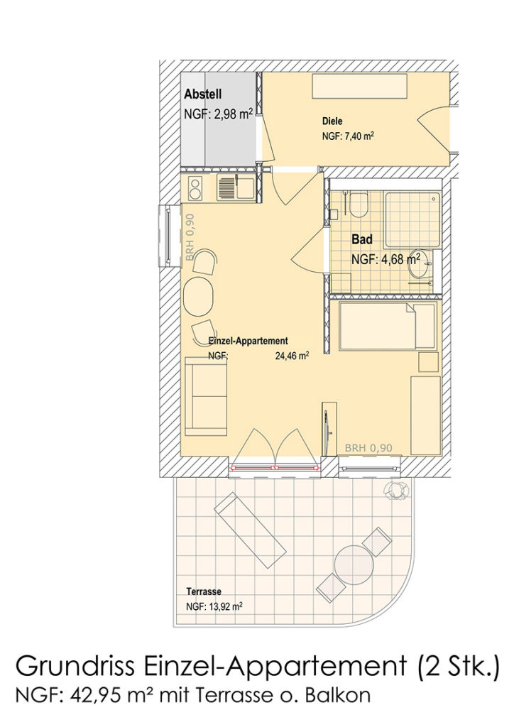 Visualisierung - Grundriss 1,5-Zimmer-Appartment (EG & OG)